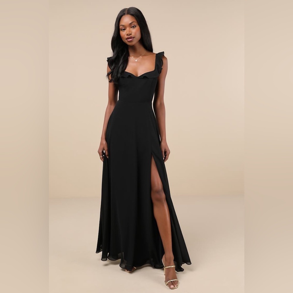 NWT Lulus Dreamy Admiration Black Ruffled Maxi Dress